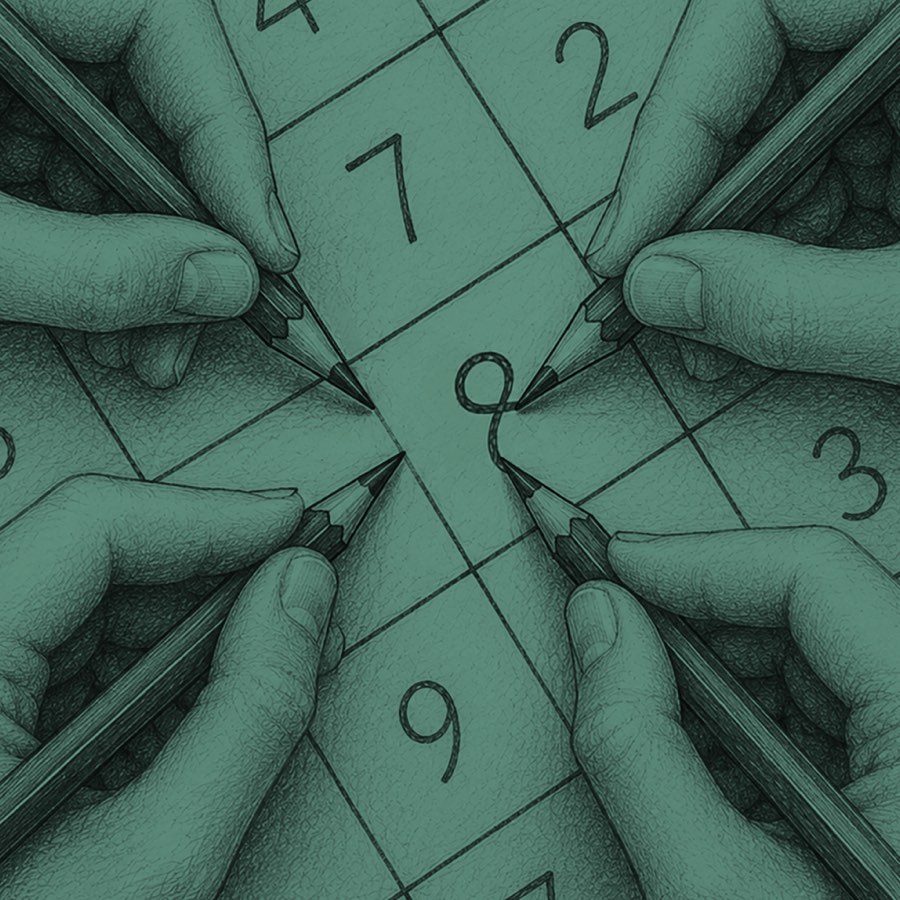 Four hands filling in a scoresheet with pencils
